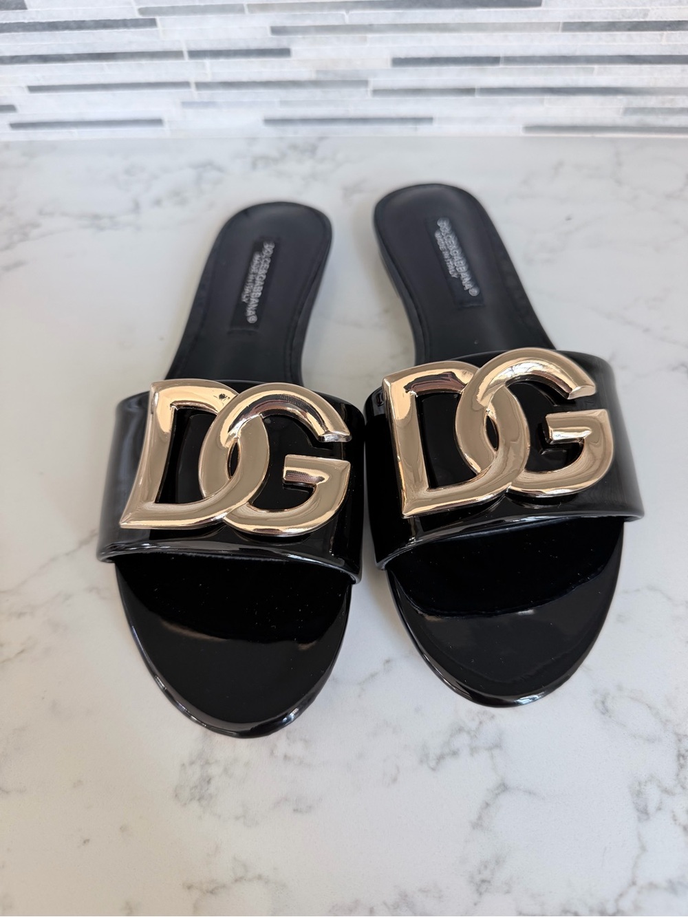 Dolce & Gabbana Black Patent Slide Sandals with Gold DG Emblem size 8